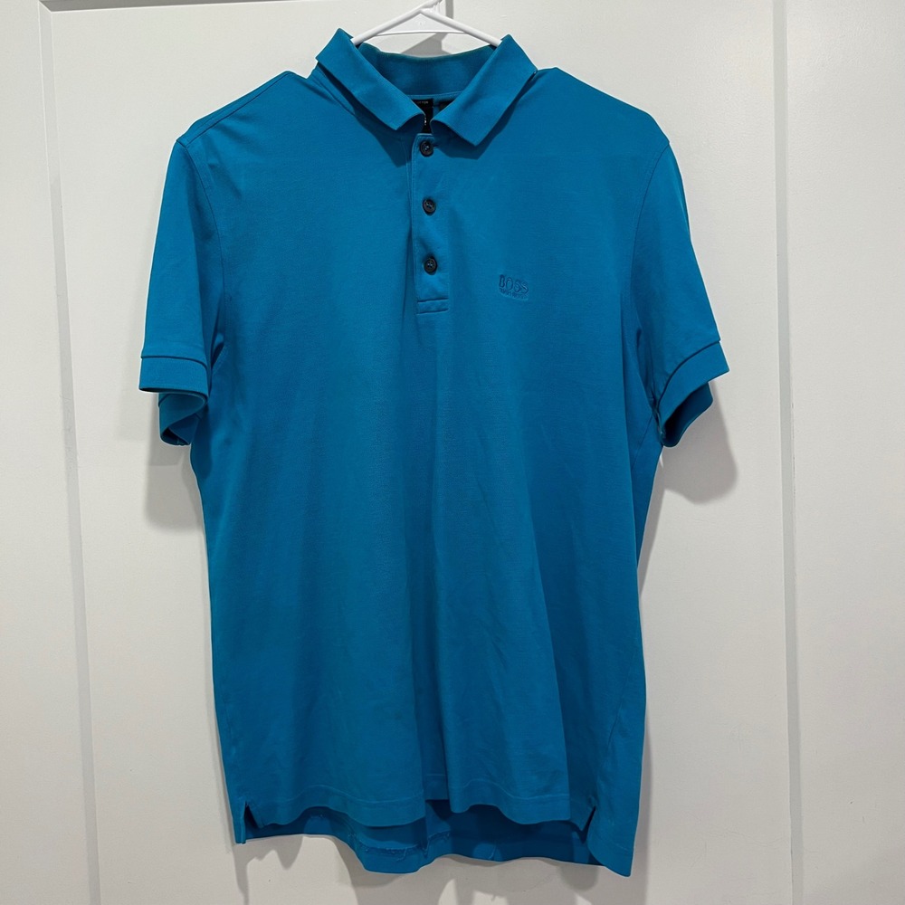 Hugo Boss Mens Pima Cotton Pique Polo Shirt Blue Short Sleeve Logo Size XL